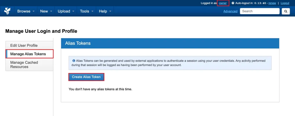 Manage Alias Tokens page with the Create Alias Token button