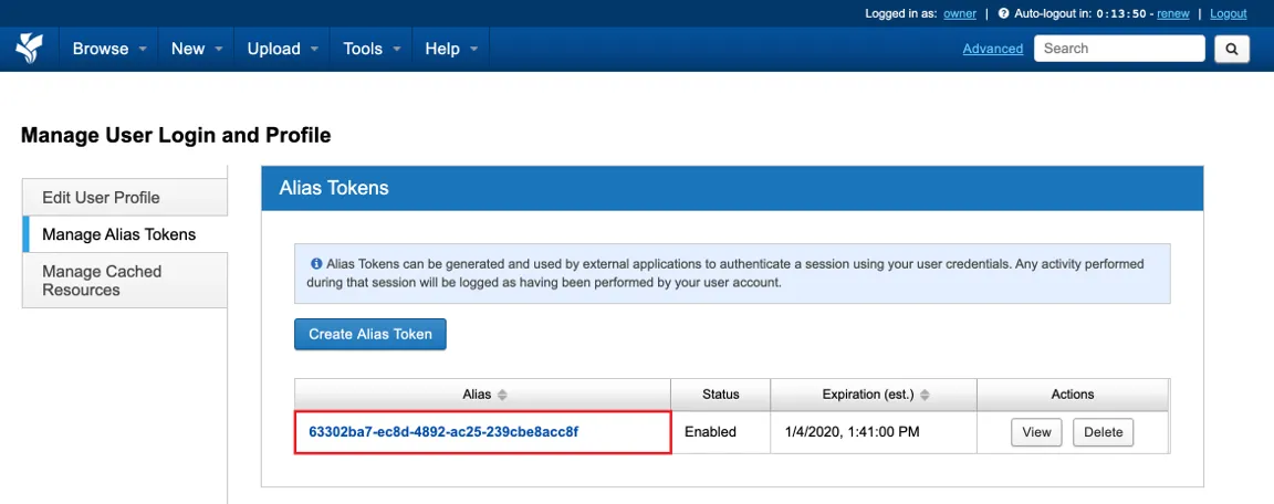 Alias token table showing the token status and expiry date