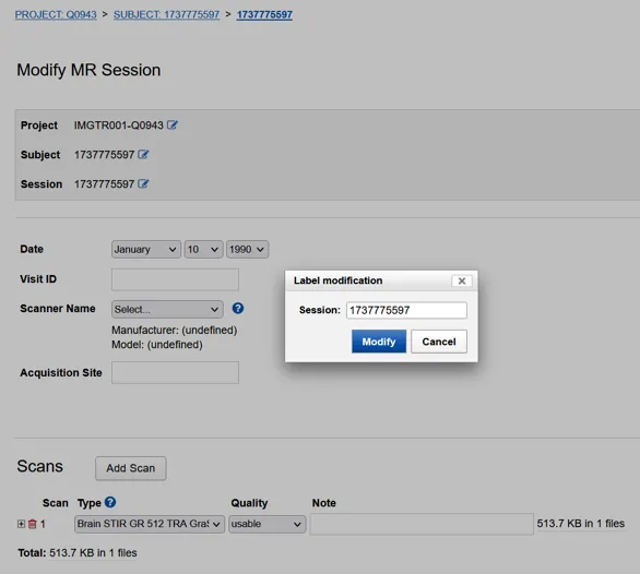 Editing a session to trigger the project anonymiser