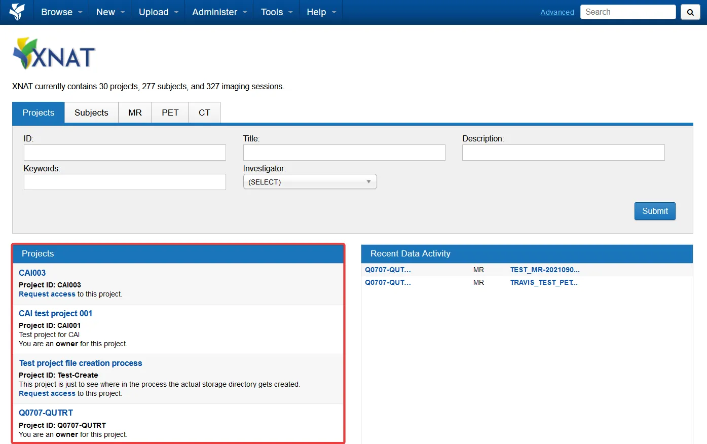XNAT home page with the Projects and Recent Data Activity panels