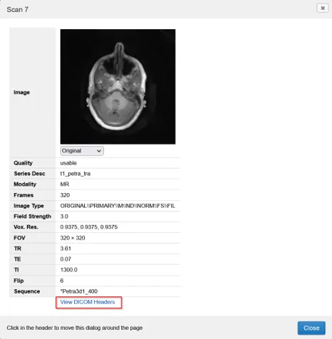 View DICOM headers action