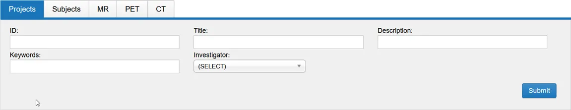 Search tabs for projects, subjects and imaging modalities