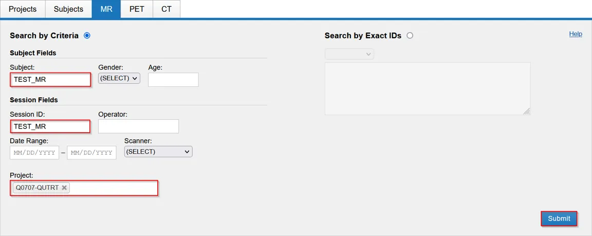 MR search form with Search by Criteria selected
