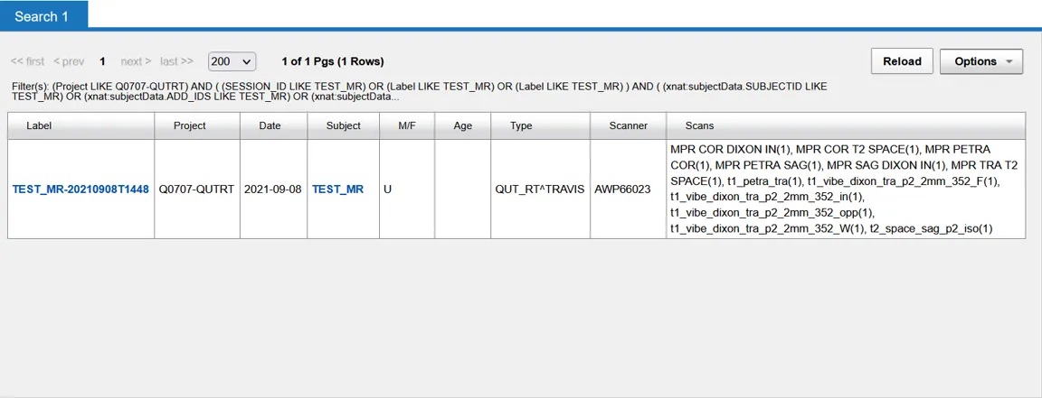 Search results table showing matching imaging sessions
