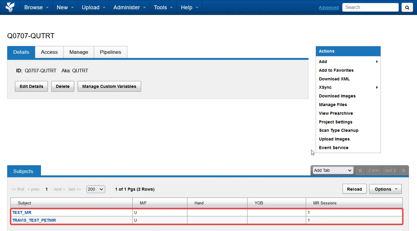 Subject list on an XNAT project page