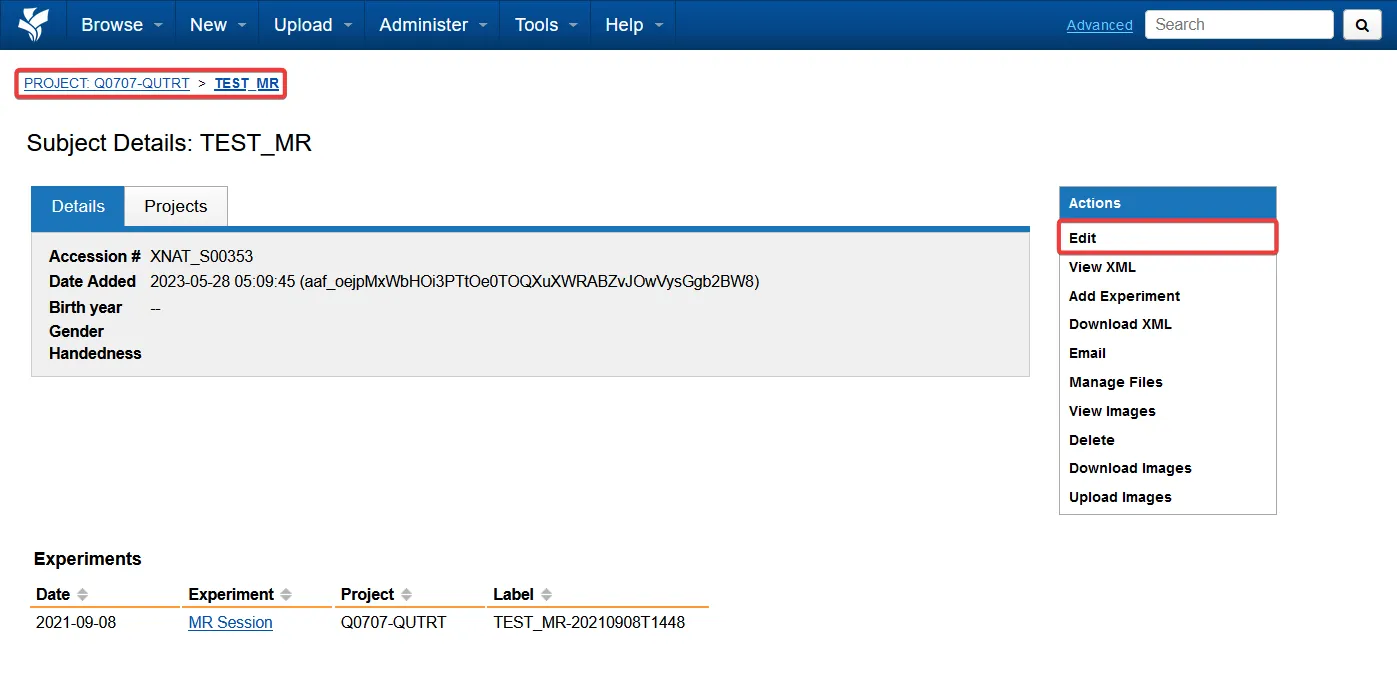 Subject page actions for editing subject details