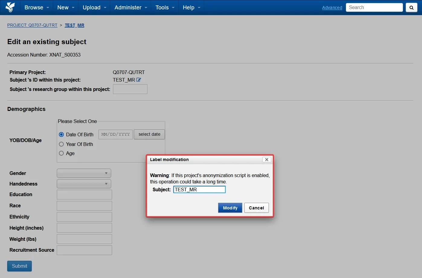 Dialog for entering a new subject ID