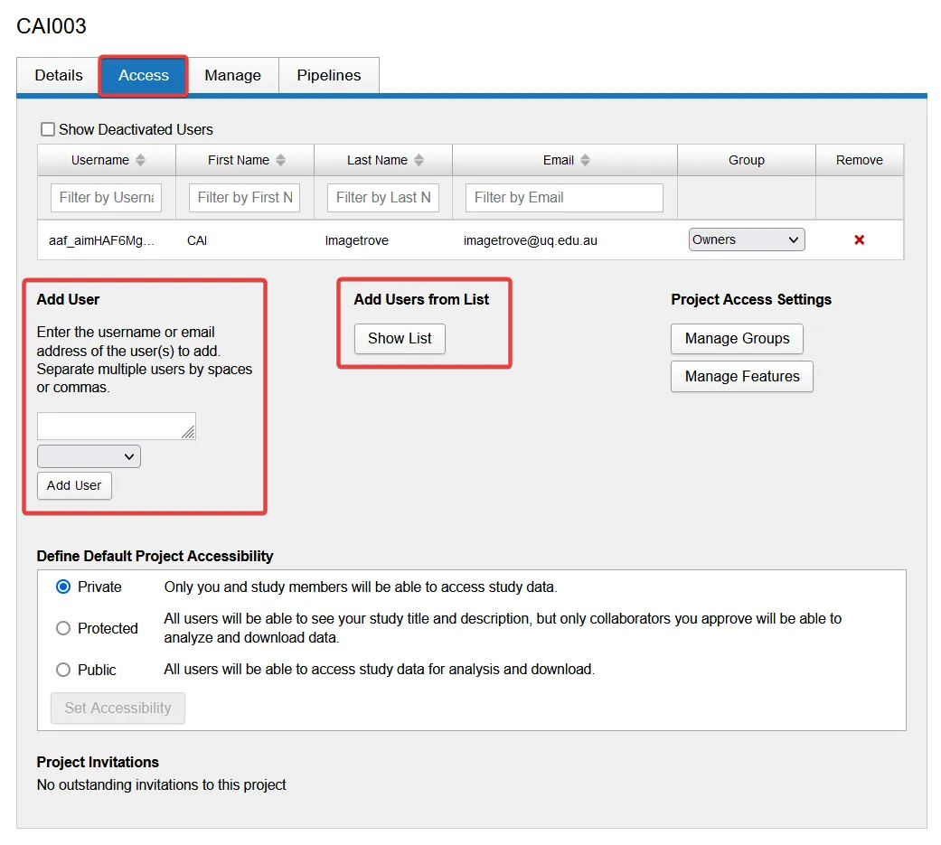 Access tab with controls for adding users to a project