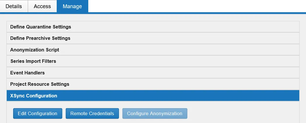 XSync Configuration section of the project Manage tab, showing the Edit Configuration, Remote Credentials and Configure Anonymization buttons