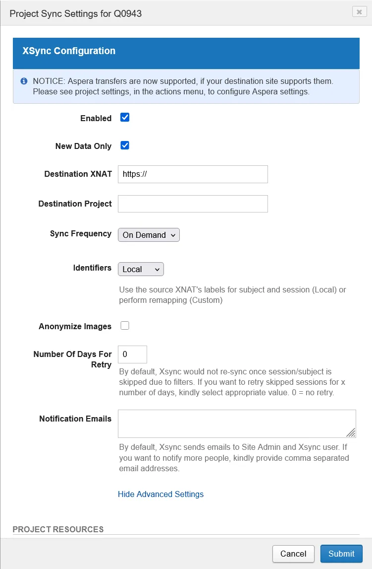 Project Sync Settings dialog showing the XSync Configuration fields